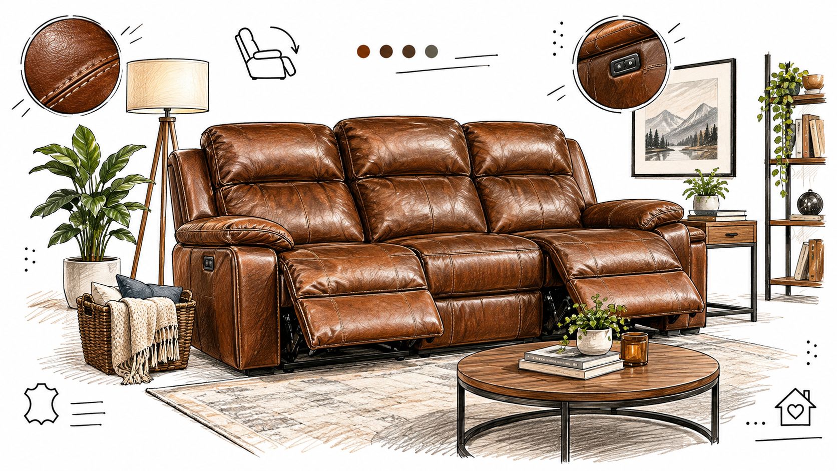 A brown leather reclining sofa with power controls sits in a cozy, sketch-style decorated living room.