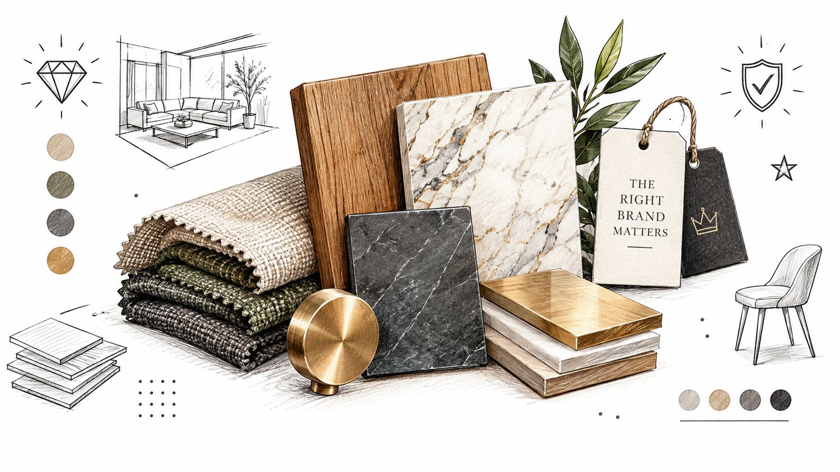 A design mood board displaying wood, marble textures, fabric samples, gold metal accents, and furniture sketches.