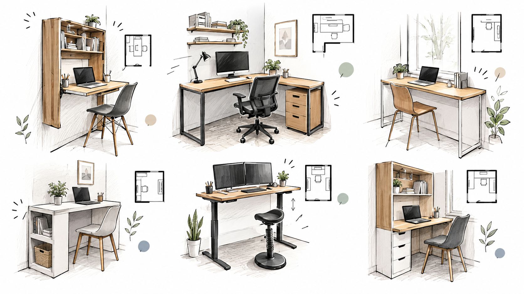 A collection of six distinct home office desk designs and layouts suitable for compact living spaces.