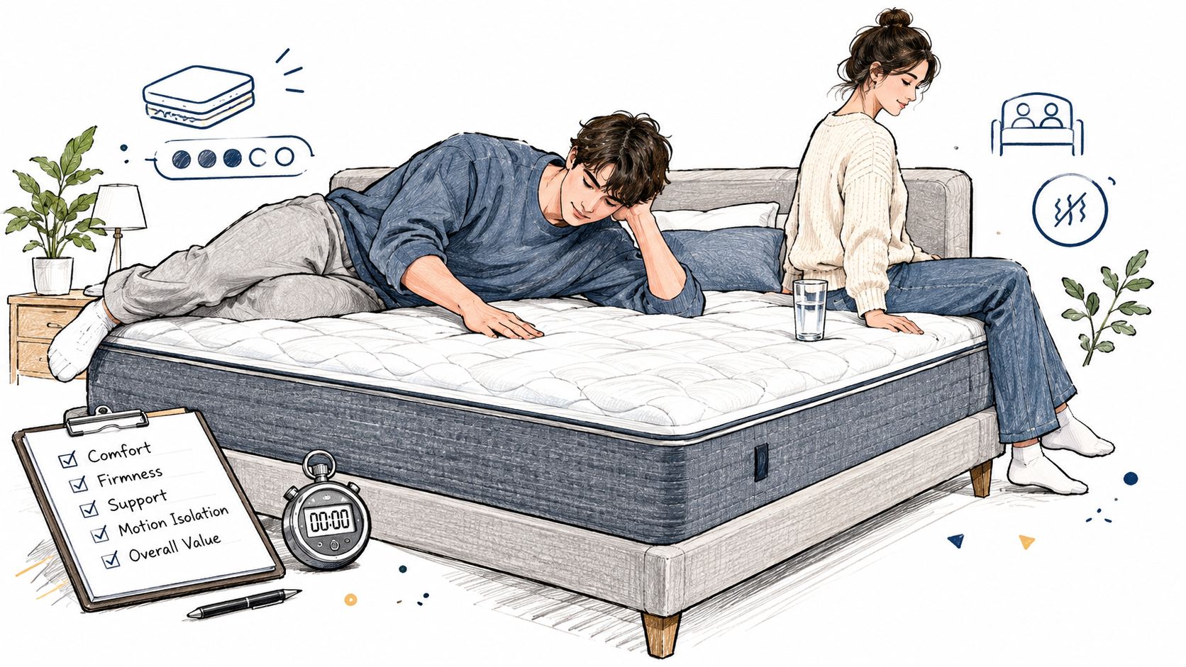 A couple testing a mattress with a clipboard checklist and a glass of water to demonstrate quality.