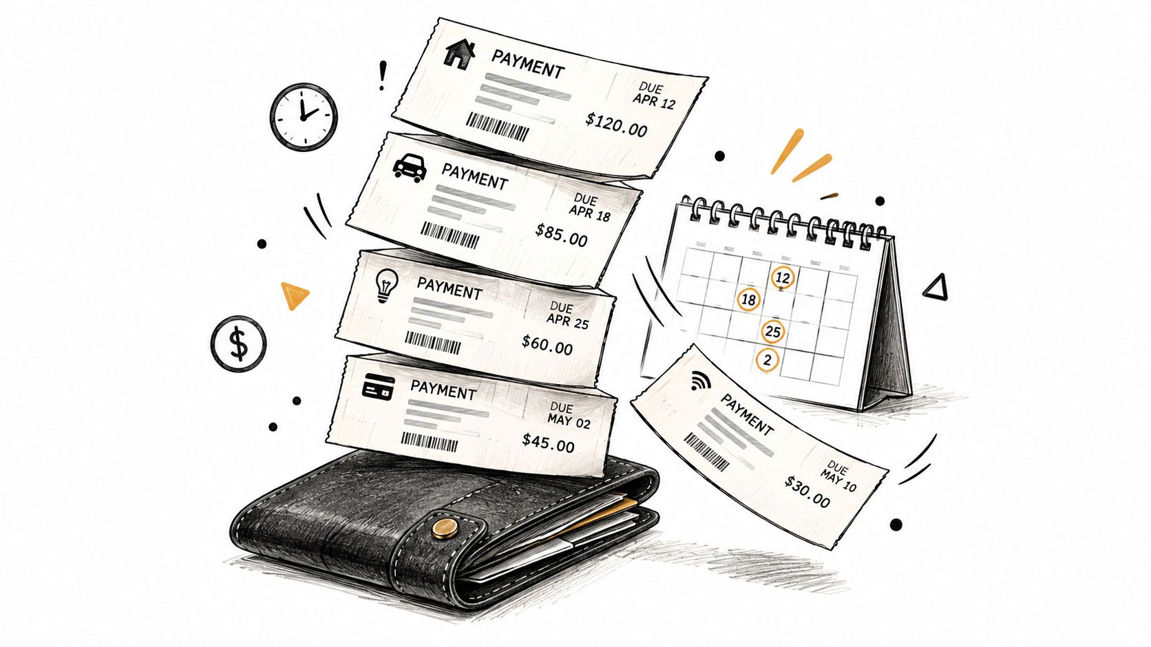 A stack of various bills with due dates arranged next to a wallet and a monthly calendar.
