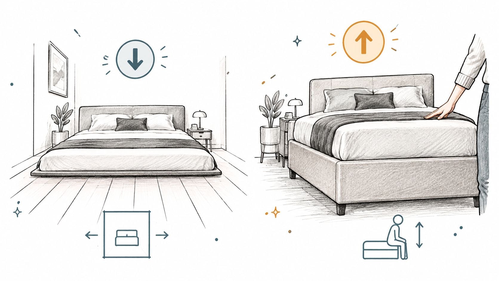 A split image comparing a low-profile platform bed with a taller traditional bed, highlighting height difference design.