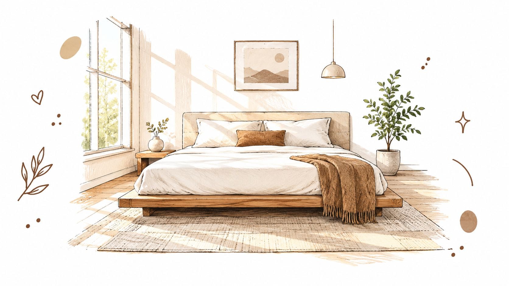 A serene bedroom illustration featuring a minimalist wooden platform bed with warm neutral bedding and decor.