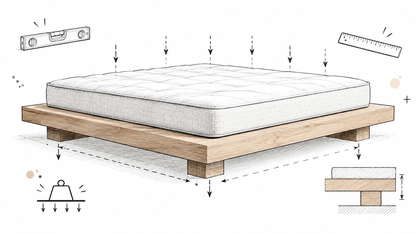 A detailed technical sketch showing a mattress on a wooden platform bed frame with measurement indicators.