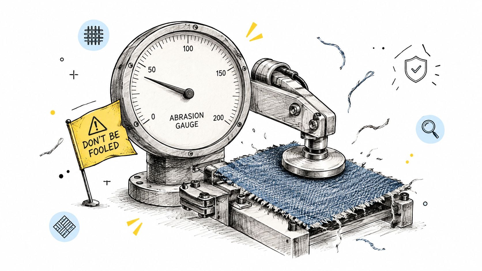 A conceptual illustration of an abrasion gauge testing the durability and quality of a fabric material.