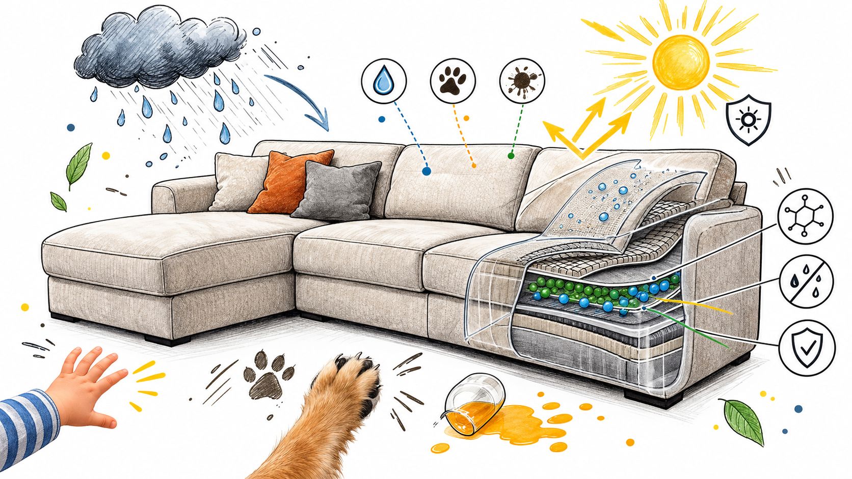 A sectional sofa illustrating its durability against water, pet paw prints, spills, and sunlight damage with icons.