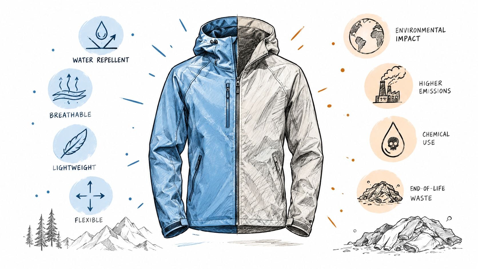 A split image contrasting functional outdoor jacket benefits in blue with environmental impacts in orange tones.