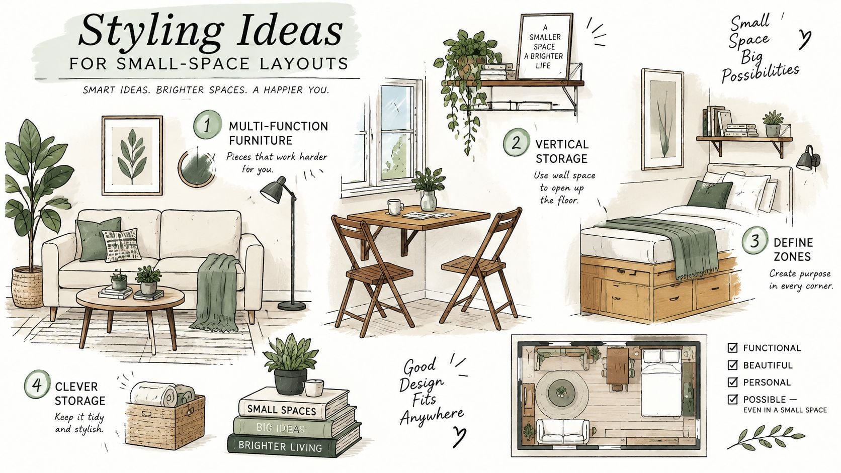 An illustrated guide demonstrating interior design styling ideas for maximizing small living spaces effectively and beautifully.