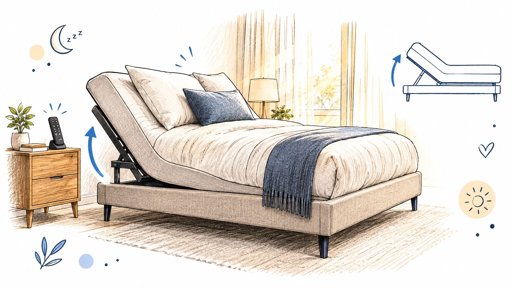 A modern adjustable bed frame with an elevated head section, shown in a cozy, illustrated bedroom scene.